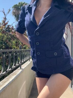 Y2K Navy Fitted Blazer Top XS/S Waist Cinch Button-Front Short Sleeve Jacket